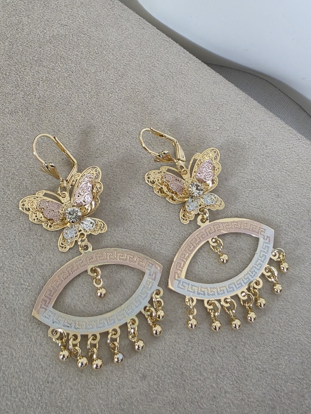 Gold Filled Filigree Butterfly Evil Eye Earrings ✨ Tri-Tone Statement